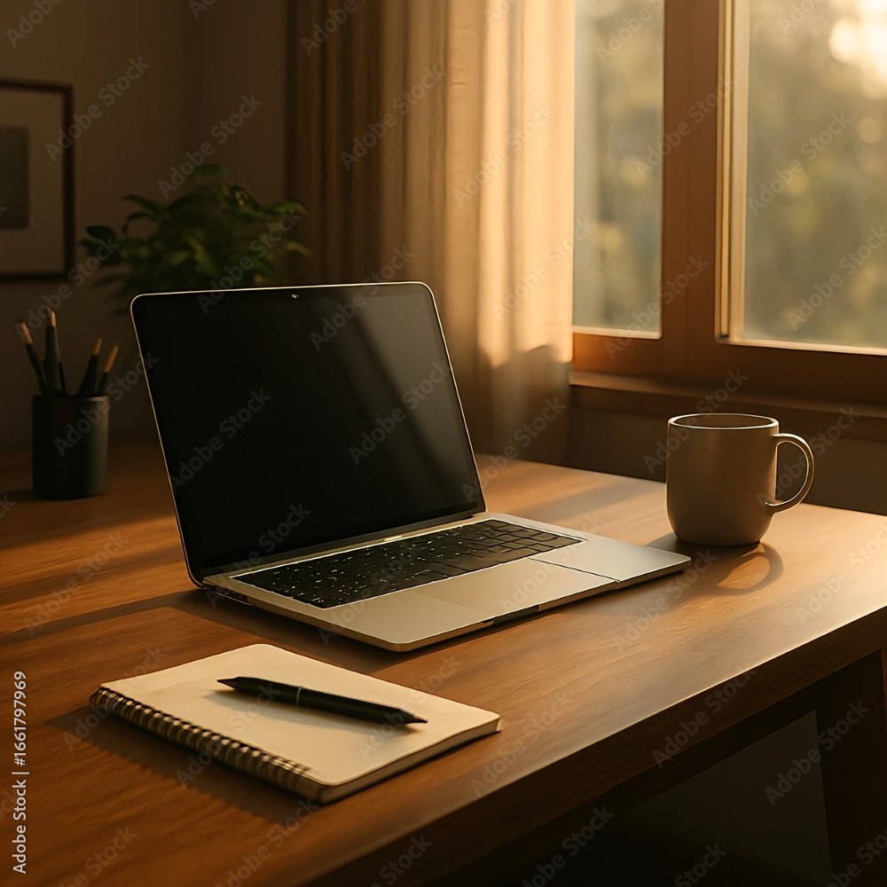 Fototapeta premium Cozy Modern Home Office Workspace With Laptop