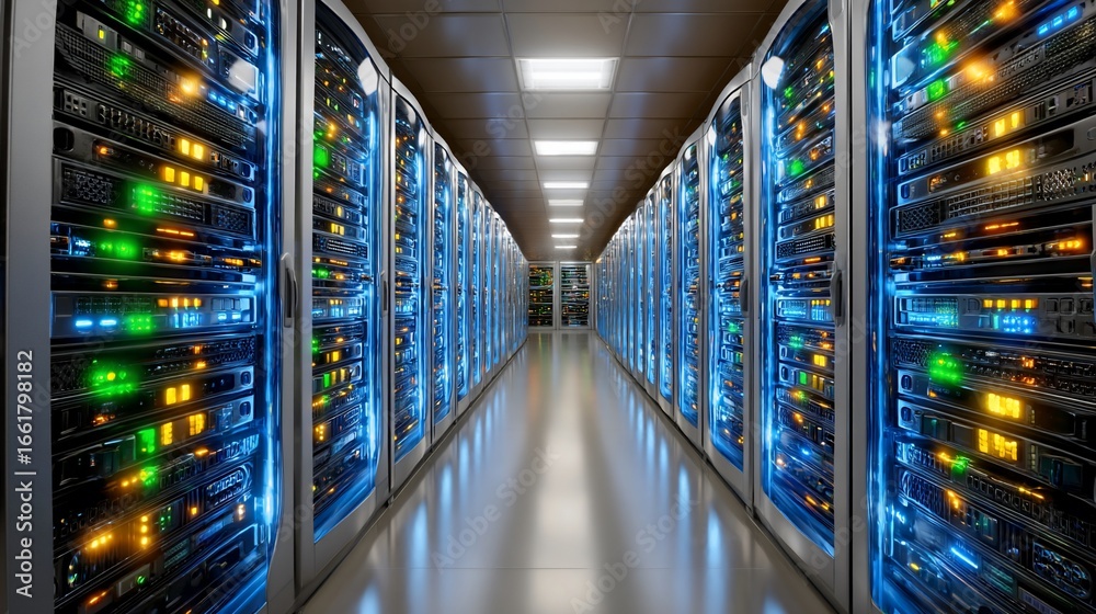 Obraz premium Data Center Servers Rows of Servers with Blue and Green Lights.