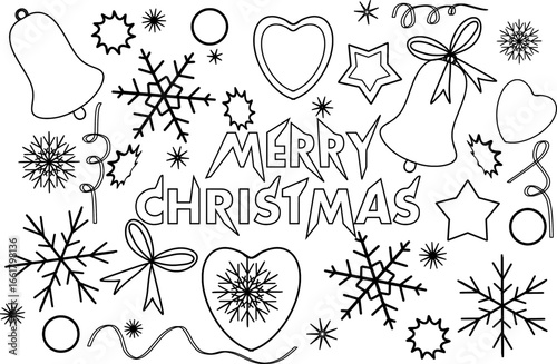 Christmas, text, snowflakes, stars, hearts, lanterns, bells, bows, ribbons, set of drawings, with black hand-drawn outline, doodle, on transparent background.