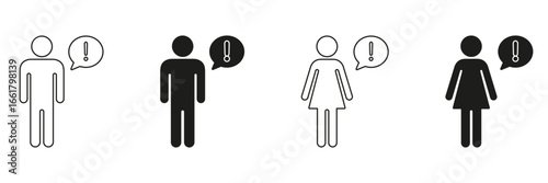 Male And Female Figures With Exclamation Speech Bubble Icon Set. Communication, Alert, And Attention Symbol Collection. Human Interaction And Notification Concept. Isolated Vector Illustration