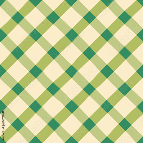 Seamless diagonal green plaid pattern with retro color tones. Geometric background with crisscrossed stripes. Picnic fabric style. Cottagecore. Vector design for textile, wallpaper, wrapping paper