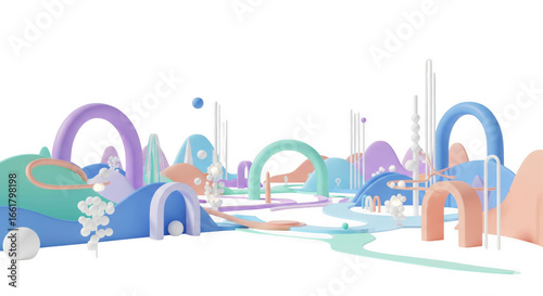 Whimsical pastel landscape with arches and spheres against a black background
