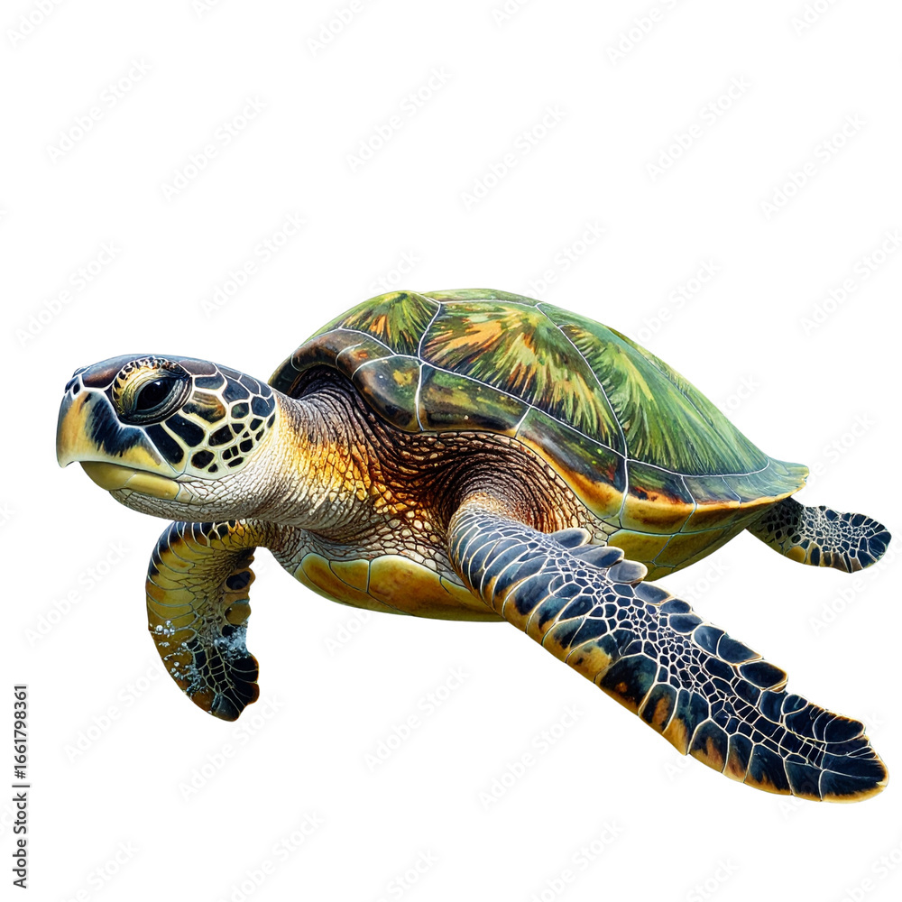 Obraz premium Dynamic Green Sea Turtle Head Tilt and Flipper Motion, Isolated PNG 