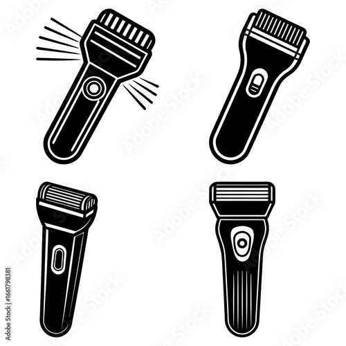 Illustration showing four different electric shavers with distinct designs and button placements shown clearly