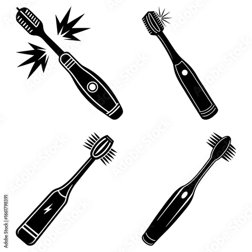 Illustration showing four electric toothbrushes in black and white with different brush head designs