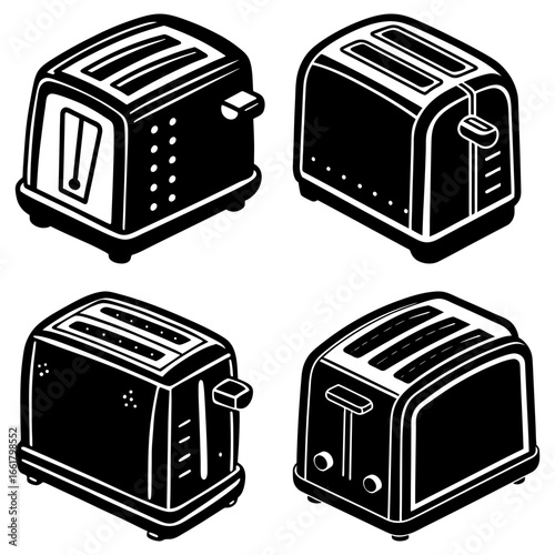 Four black and white toasters in varying styles arranged in a square format on a white background image