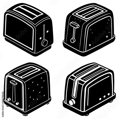 Four toasters in isometric view with different designs and features on a white background in black and white