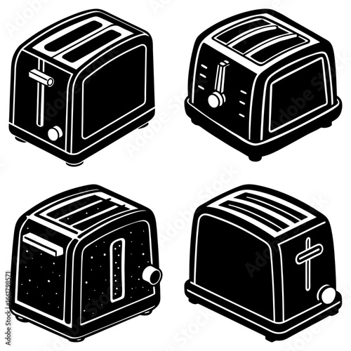 Four isometric toasters in black and white with different designs and control configurations shown