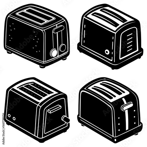 Four isometric illustrations of black toasters with varying designs and control features displayed on white