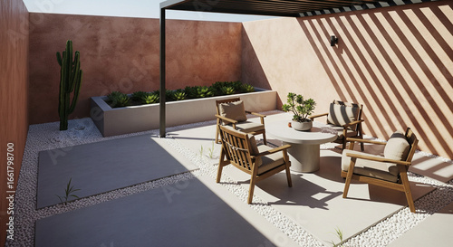 Minimalist Seara-Style Open Backyard with Textured Terracotta Walls, Concrete Floor, White Pebbles, Modern Pergola Shade, Wooden Chairs, and Raised Succulent Garden