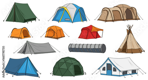 Illustration showcasing a diverse collection of tents suitable for camping and outdoor adventures