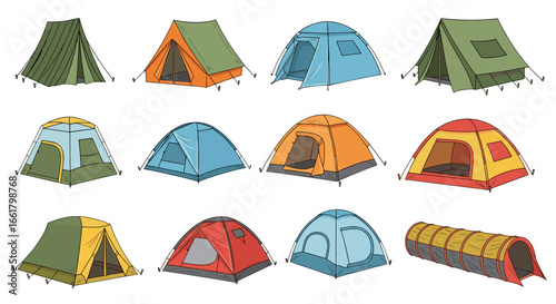 A collection of tents in various shapes and colors arranged on a white background for camping fun