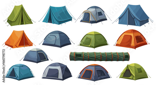 Illustration showing a variety of camping tents in different shapes colors and styles for outdoor adventures