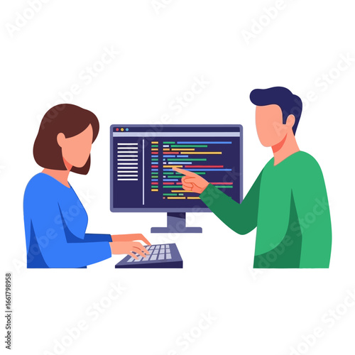 Collaborative Coding: A collaborative image shows two individuals engrossed in programming on a computer, each contributing their expertise, with focused concentration.