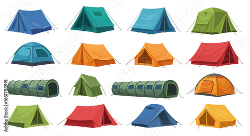A colorful assortment of tents in various shapes and sizes displayed on a white background in rows and columns