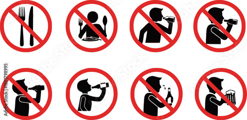 classic simple various no food eating or drinks drinking alcohol allowed prohibited in red circle signs set vector on transparent background
