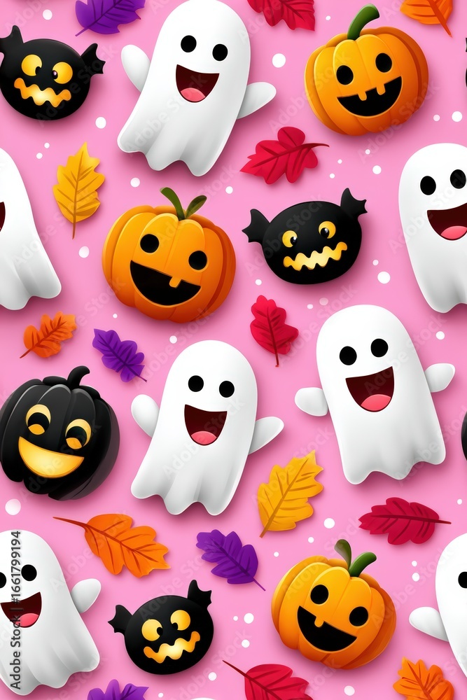 Fototapeta premium Colorful Halloween Pattern with Ghosts, Pumpkins and Leaves