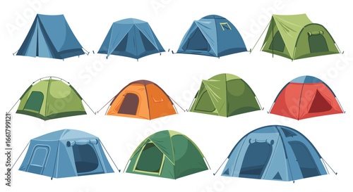 Collection of various camping tents in different shapes and colors for outdoor adventures and activities