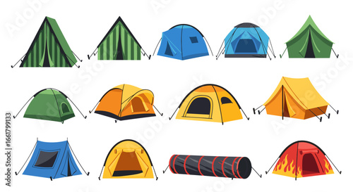 Illustration showing a collection of various colorful tents for camping and outdoor adventures in nature