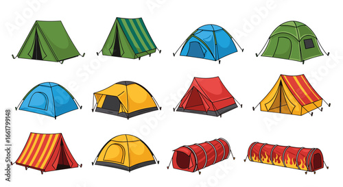 Illustration showcasing a variety of colorful camping tents in different shapes and designs displayed together