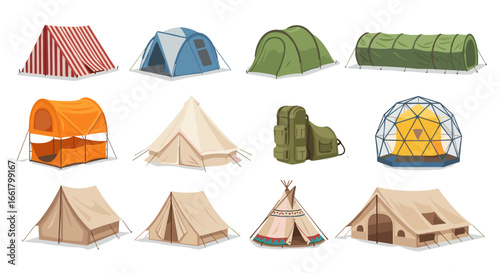 Illustration showing a variety of different types of tents and a backpack for camping outdoors
