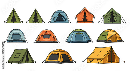 Illustration of twelve tents in various shapes and colors arranged in a neat and organized manner