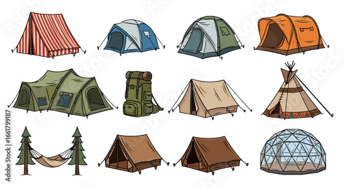 Illustration showing various camping tents, a backpack, and a hammock between two trees outdoors