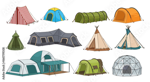 Illustration showing a collection of various types of tents for camping and outdoor adventures