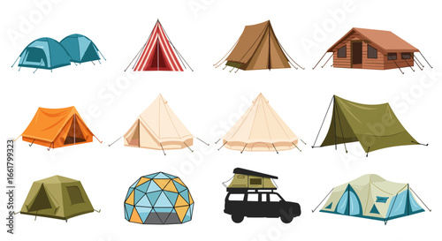 Illustration showcasing a diverse collection of tents including dome, cabin, and vehicle mounted types