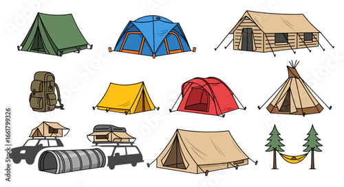 Illustration showing various camping tents, a backpack, and a hammock between two trees