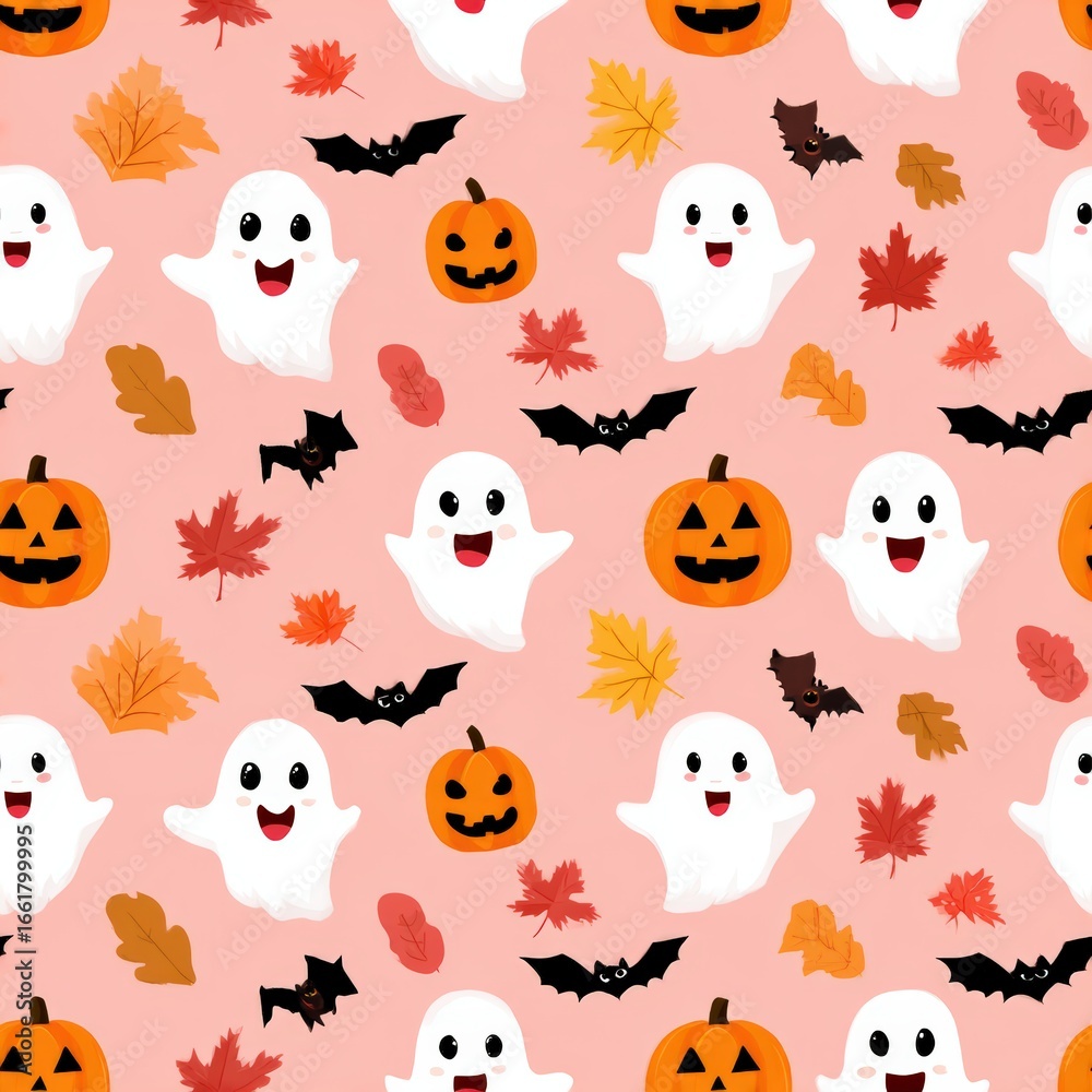Fototapeta premium Cute Halloween Pattern with Ghosts, Pumpkins, Bats, and Leaves