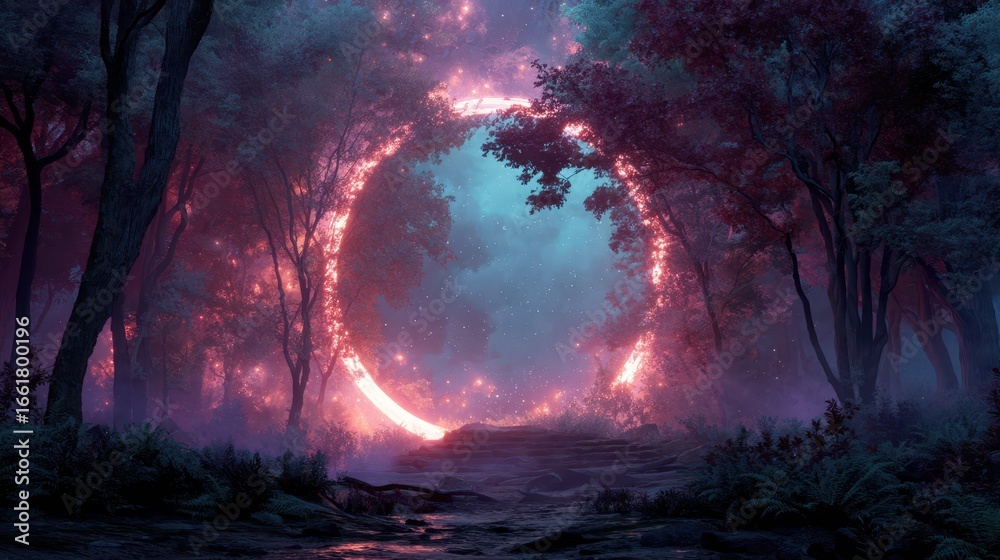 Obraz premium Enchanted Portal in Glowing Nebula Surrounded by Mystical Space