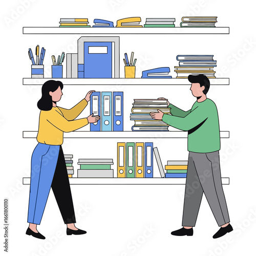 Organized Workspace: A neatly arranged bookshelf holds a variety of office supplies, books and binders. Two individual organizing the shelf as it is an efficient workspace