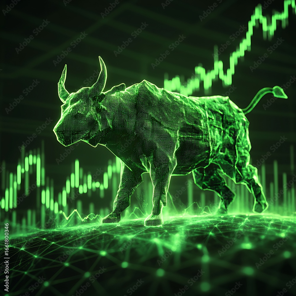 Obraz premium Financial trading concept with bull icon and green stock price movements depicting stock market growth