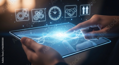 Futuristic Tablet Interface with Glowing Icons Digital Touch Technology Concept.
