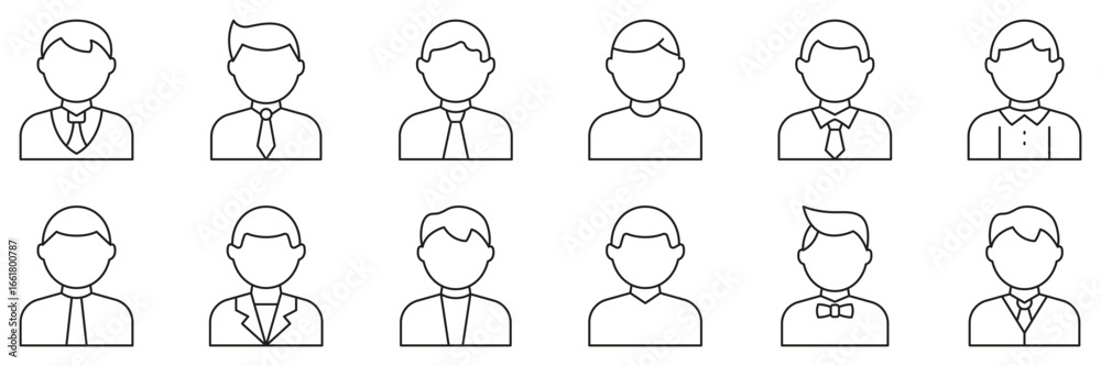 Male Business Avatars Line Icon Set. Man in Suit and Tie User Icons with Different Hairstyles and Outfits Outline Symbol Collection. Editable Stroke. Isolated Vector Illustration Male Business Avatars Line Icon Set. Man in Suit and Tie User Icons with Different Hairstyles and Outfits Outline Symbol Collection. Editable Stroke. Isolated Vector Illustration