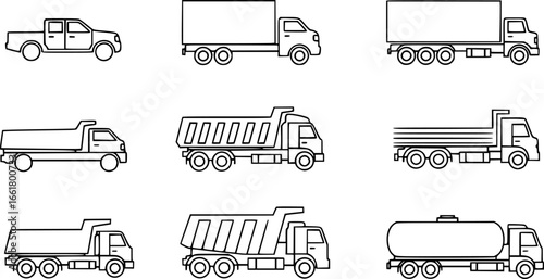 various simple truck outline line silhouette set side view icon symbol vector on transparent background
