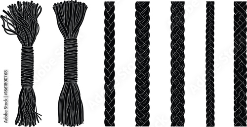 Vector rope and braid illustration set, detailed black silhouettes, twisted cord design, nautical theme, hand-drawn texture, editable vector art, craft supplies icon