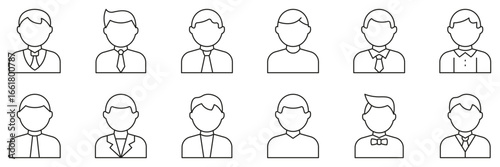 Male Business Avatars Line Icon Set. Man in Suit and Tie User Icons with Different Hairstyles and Outfits Outline Symbol Collection. Editable Stroke. Isolated Vector Illustration