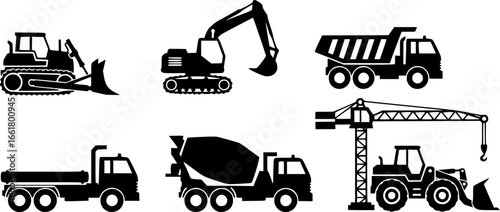 simple large construction vehicle silhouette simplified side view vector set on transparent background

