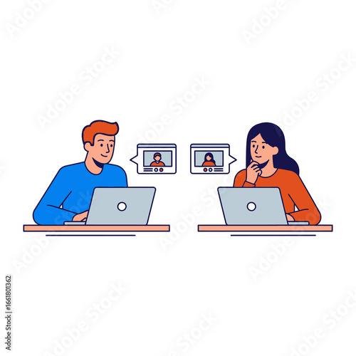 Virtual Connection: Two individuals engage in a virtual meeting, each engrossed in the connection of a digital screen. The scene illustrates the essence of remote collaboration.