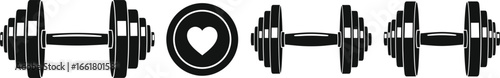 Vector silhouette of adjustable dumbbells with heart symbol on weight plate, fitness equipment, gym training, health, workout, strength, isolated white background