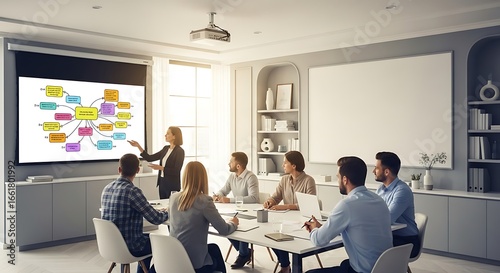 A businesswoman presents a colorful mind map on a large screen to her colleagues during a corporate meeting in a modern office.