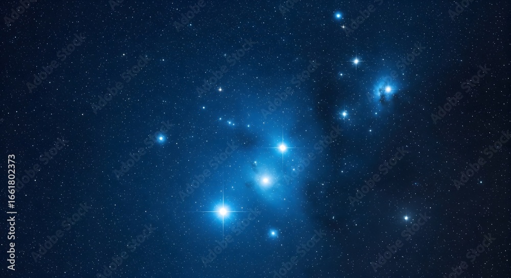 Obraz premium The Pleiades star cluster, also known as the Seven Sisters, shining brightly in the deep blue night sky. A beautiful astronomical view of a starfield and constellation.
