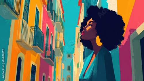 Colorful minimalist illustration of Salvador Pelourinho and Afro-Brazilian woman in historic setting