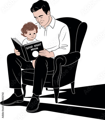 Father and child reading bedtime story Goodnight Moon in a cozy armchair illustration