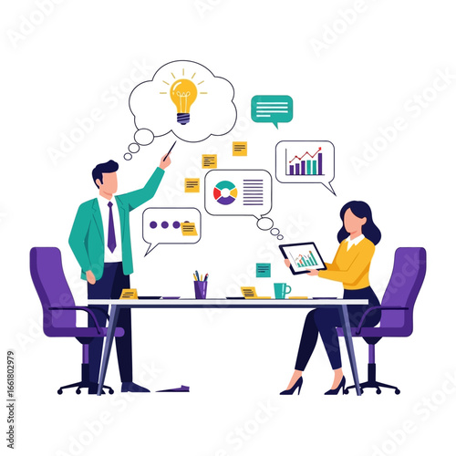 Business Brainstorm: Dynamic illustration of colleagues collaborating on a new project, brimming with ideas. An innovative environment to ignite imagination and stimulate forward-thinking.