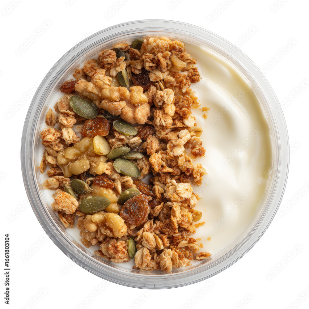 Healthy granola and yogurt in clear bowl with pumpkin seeds, isolated on transparent background Healthy granola and yogurt in clear bowl with pumpkin seeds, isolated on transparent background