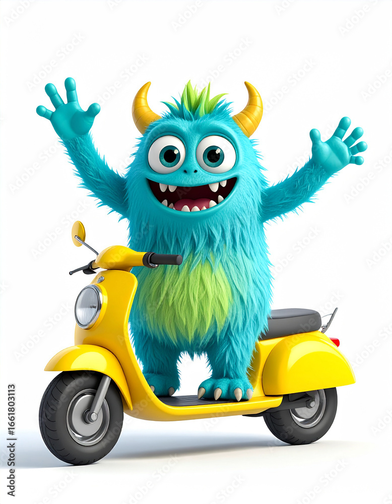 Naklejka premium Halloween monster riding a scooter festive street digital art colorful environment playful viewpoint fun concept