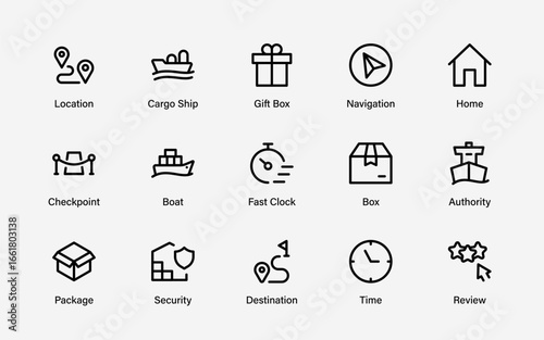 Line-style web icons for transportation and moving services.  Packing, loaders, collection, office relocation, and courier.  Pack of thin outline icons.